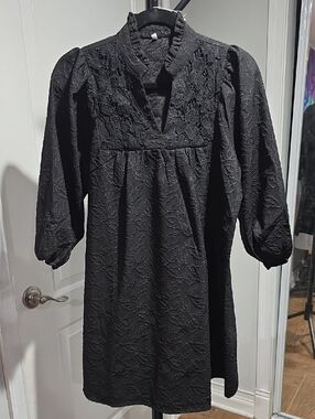 Black Textured Lace Long Sleeve Mini Dress